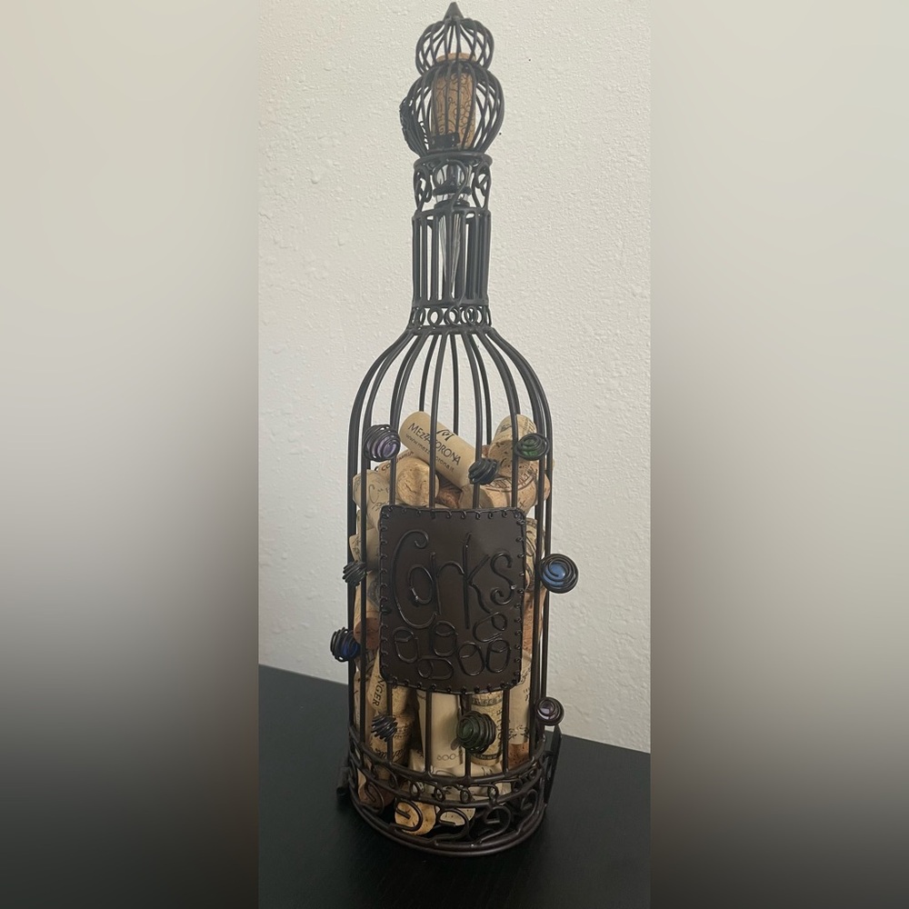 Cork Holder with Corks Decorative Caged Taupe Wine Bottle Shaped